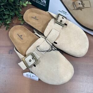 Staheekum Women's Crescent Slip On Tan Suede Buckle Clogs Size 6